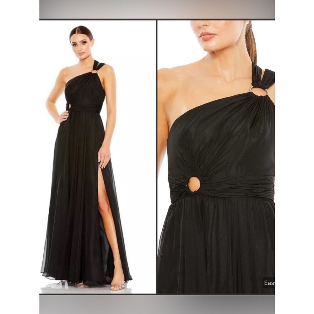 NWT MAC DUGGAL 55820 Strappy One Shoulder A Line Gown Black 6